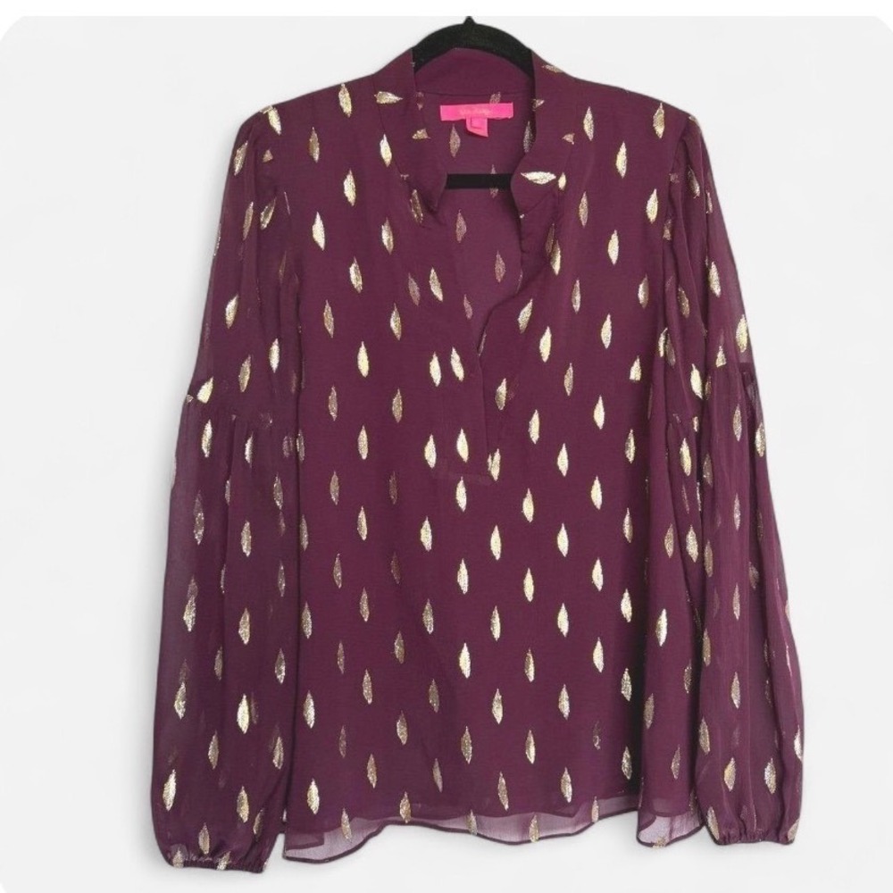 Lilly Pulitzer Shea Metallic Luxe Tunic Top Purple Gold Silk Puff Sleeve Large